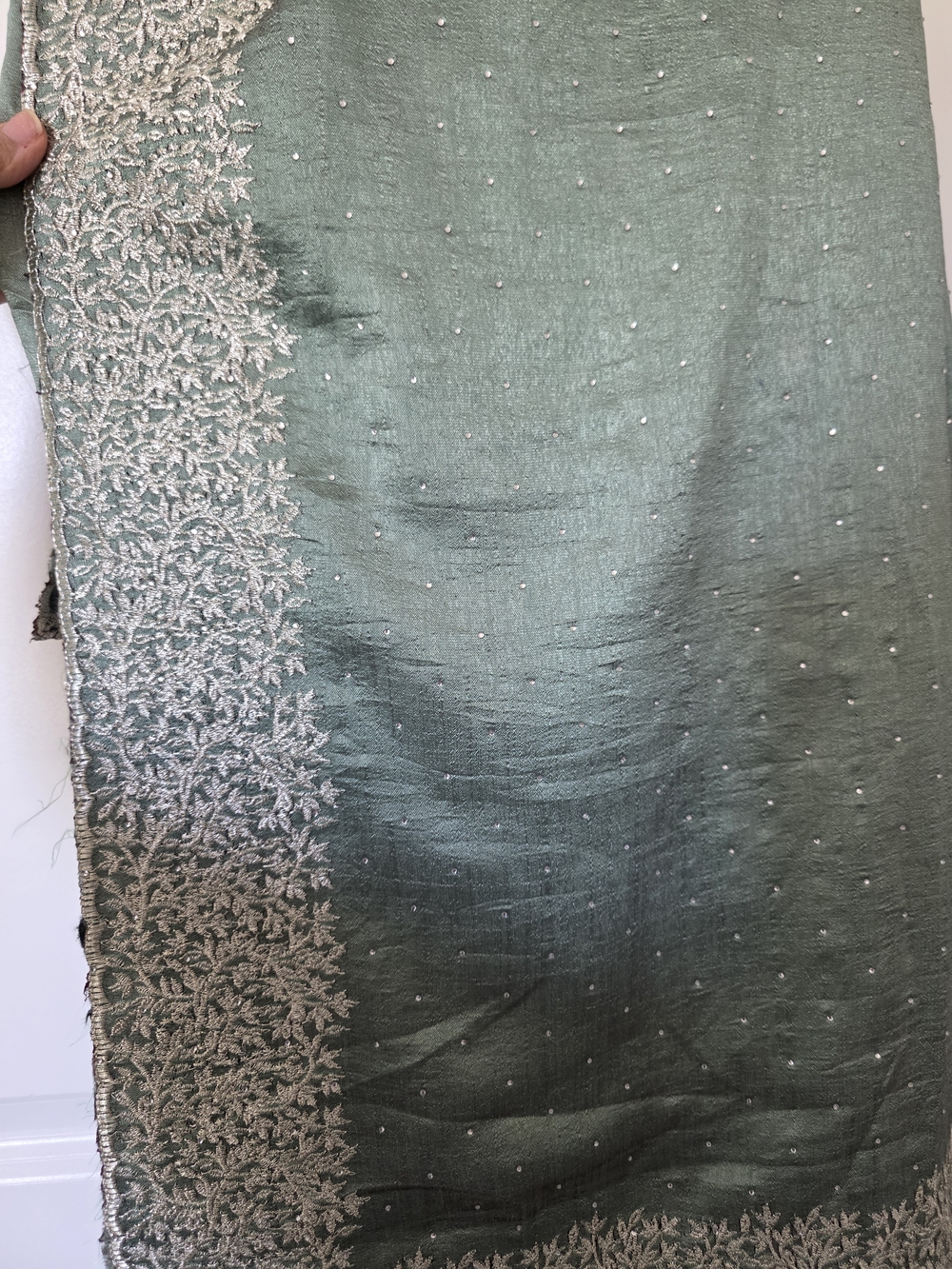 Embroidered Sage Green Saree with Silver Threadwork With Blouse Piece